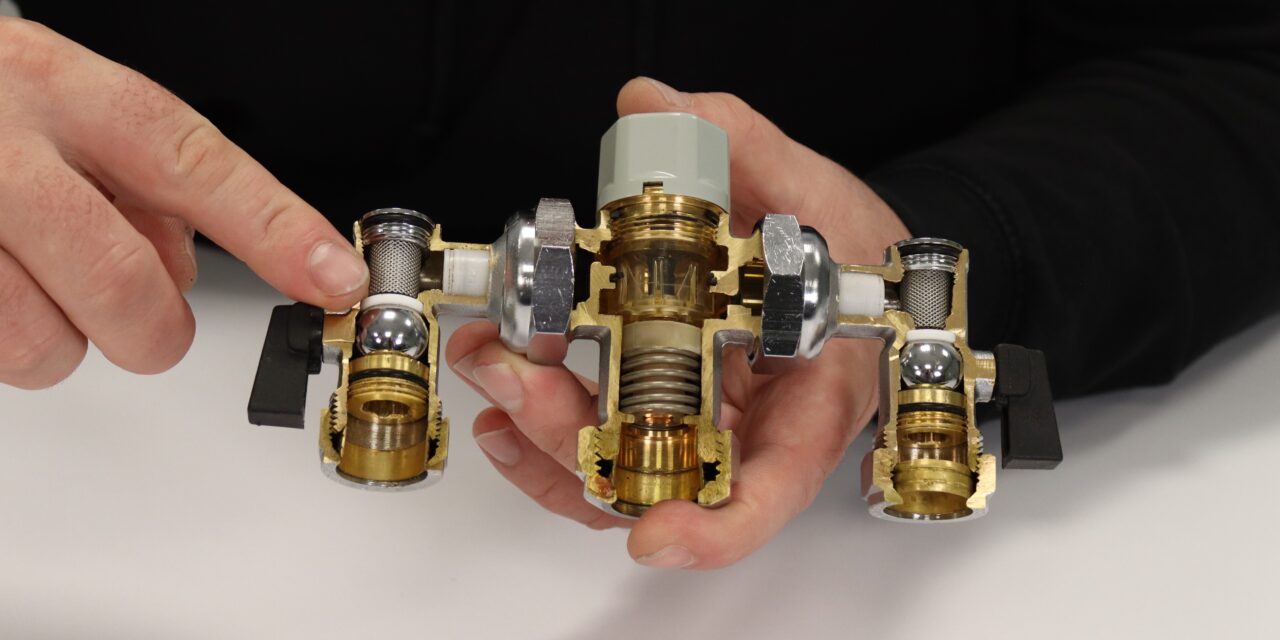 Inside the thermostatic mixing valve 