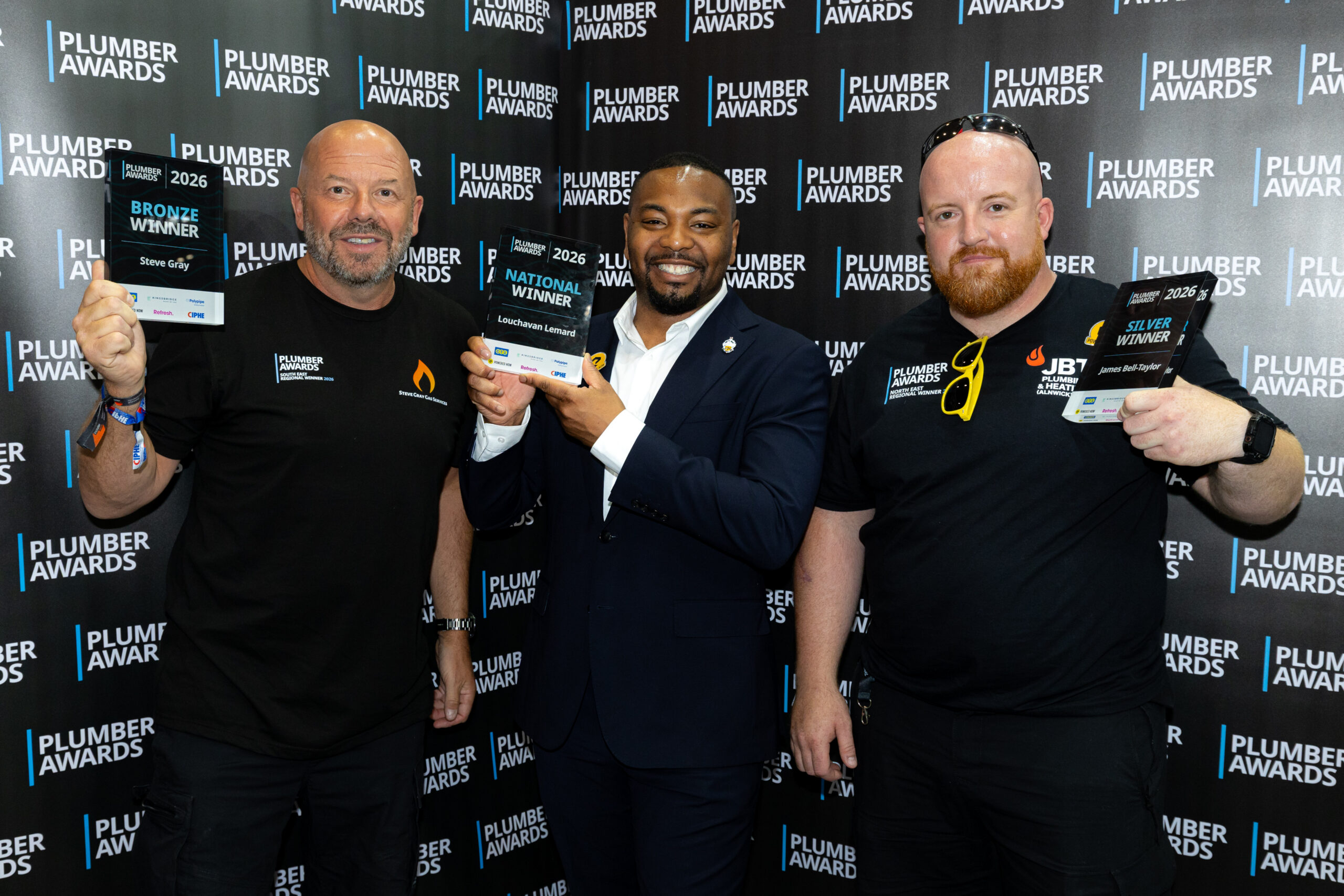 Plumber Awards 2026 winner groups L-R Steve Gray, Louchavan Lemard, James Bell-Taylor